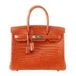 Orange crocodile handbag with glossy finish and birkin-style design showing structured silhouette and palladium hardware