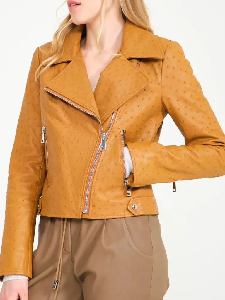 orange ostrich leather ladies jacket front orange ostrich leather ladies jacket front