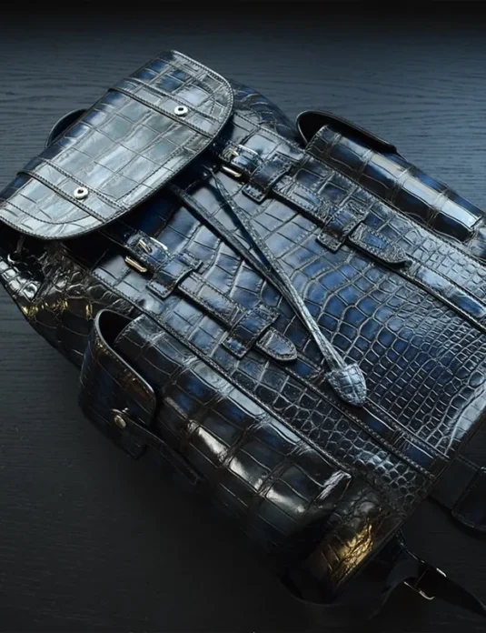 Blue crocodile leather backpack with patina finish showing scaled texture and multiple compartments with chrome hardware