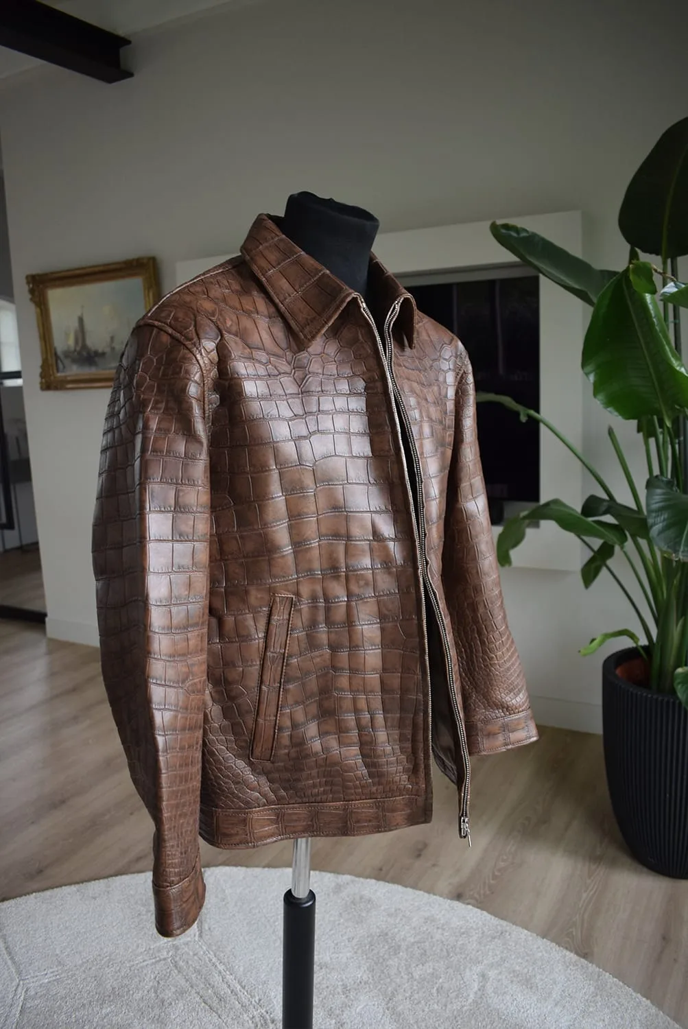 patina brown crocodile jacket with collar