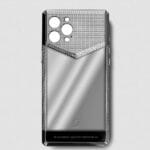 Funda de iPhone 14 Pro Max de metal plateado platino con Swarovski v