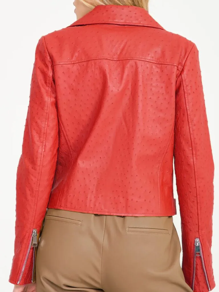 red ostrich leather ladies jacket back red ostrich leather ladies jacket back