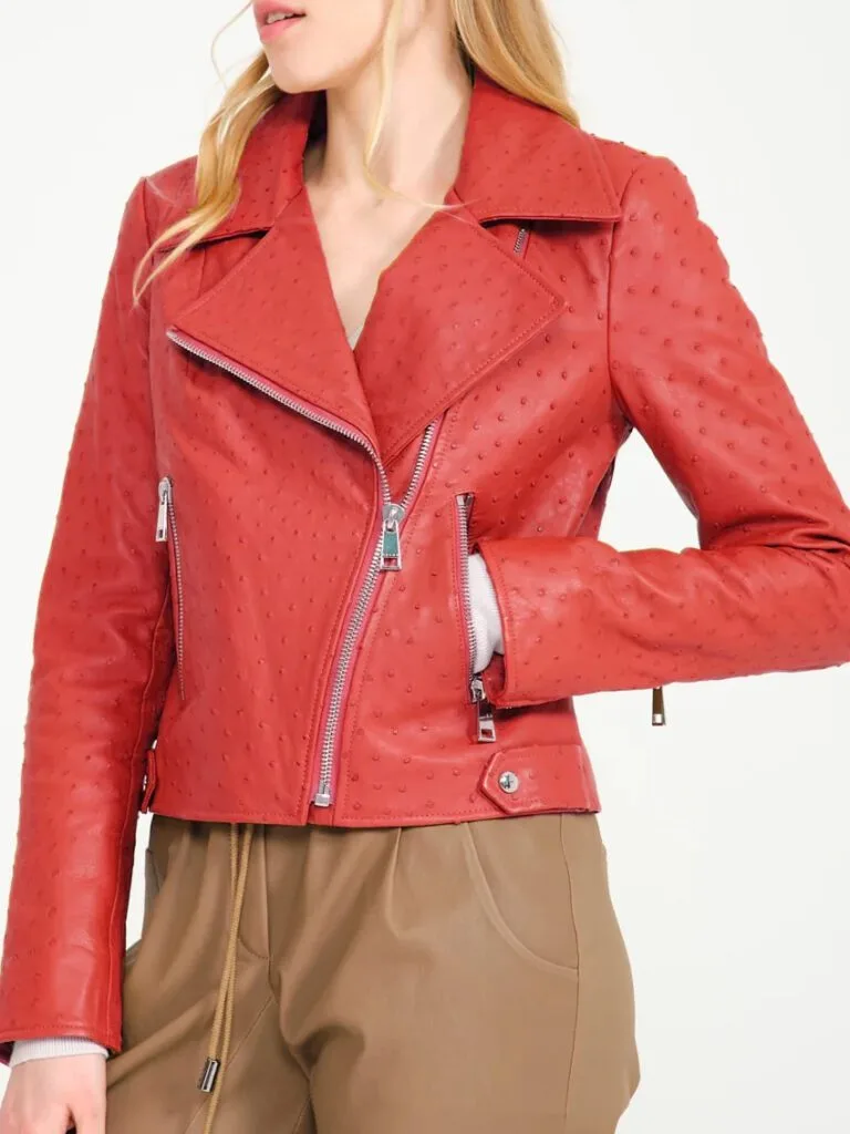 red ostrich leather ladies jacket front red ostrich leather ladies jacket front