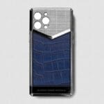 silver iphone case 14 pro max with blue crocodile