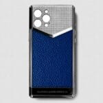 silver iphone case 14 pro max with blue togo leather