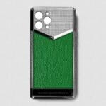 silver iphone case 14 pro max with green togo leather