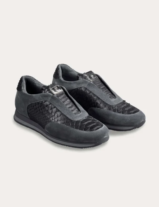 Grey python suede sneakers with textured reptilian panels and silver hardware