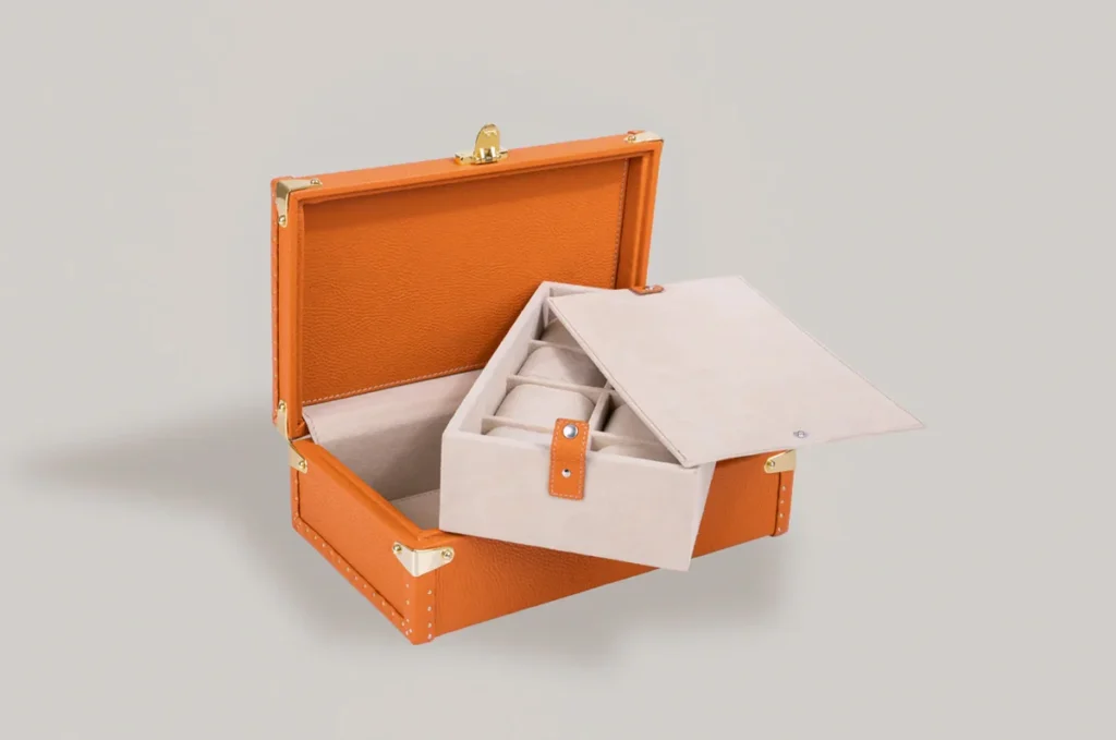 Togo orange Leder-Uhrbox 8 Fächer offen jpg