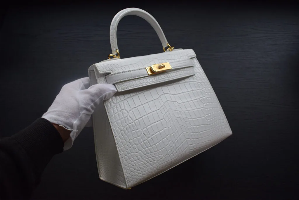 white crocodile kelly handbag
