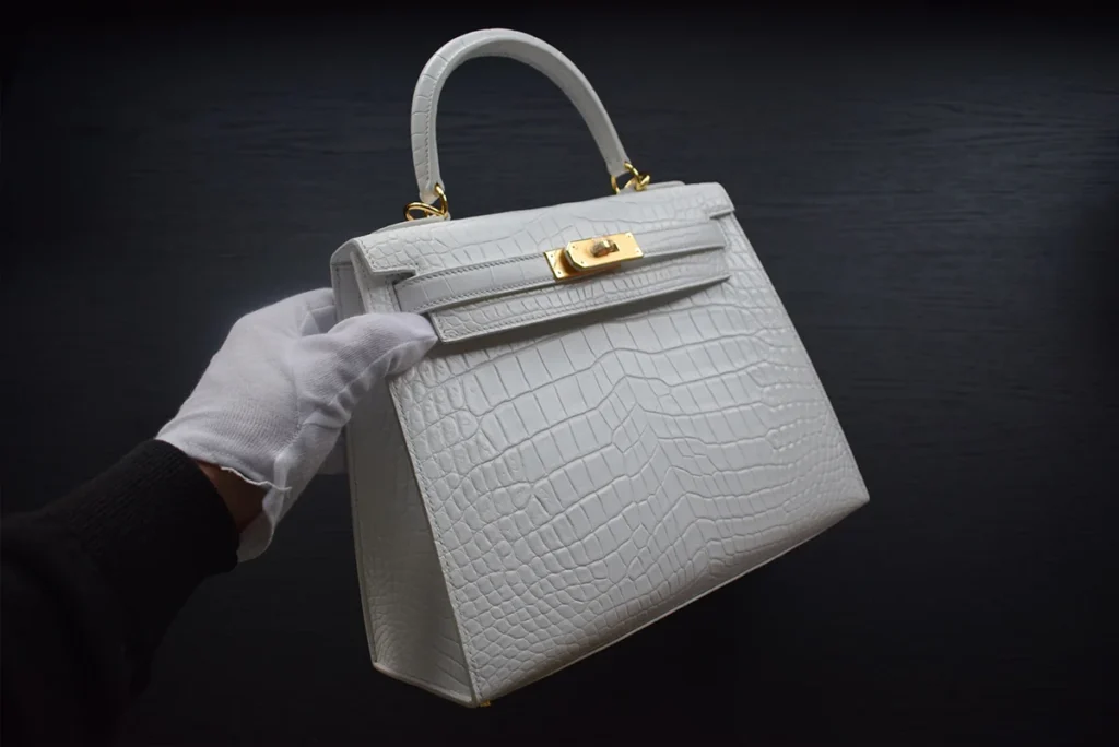 white crocodile kelly handbag