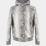 White python leather jacket with hoodie showing scaled texture and bomber style design