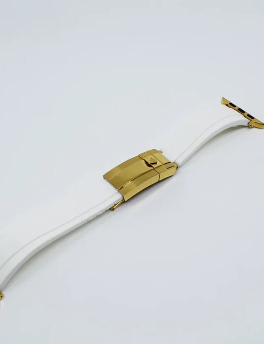 White apple watch band gold with curved leather strap and gold-plated buckle hardware