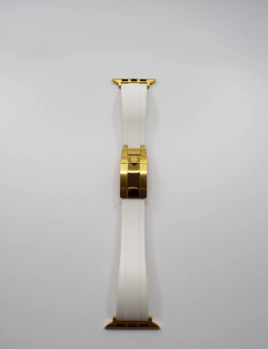 white rolex apple watch band strap gold hardware front
