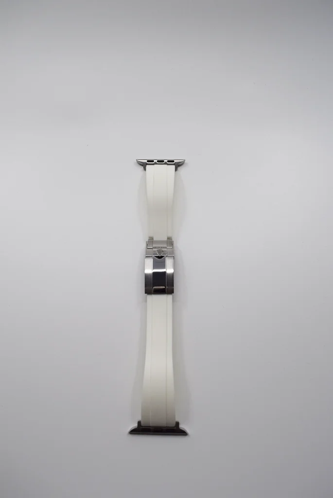white rolex apple watch band strap silver hardware front