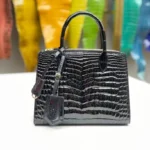 黑色鳄鱼皮手提包，饰有光泽珠状纹理和金色五金配件，白色底面