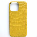 Étui iPhone en cuir de crocodile jaune 14 pro max brillant