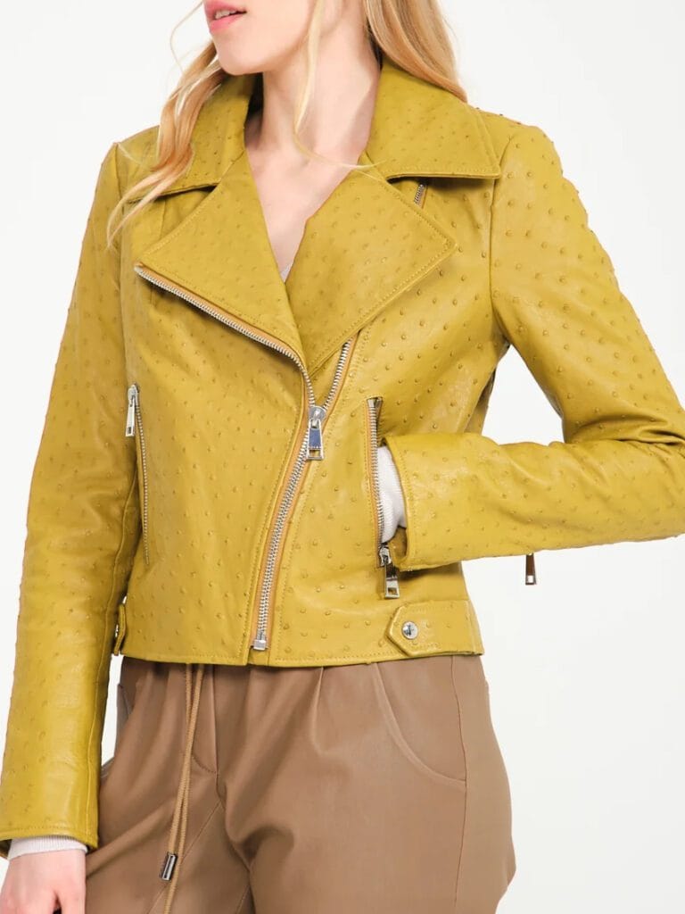 yellow ostrich leather ladies jacket frontjpg